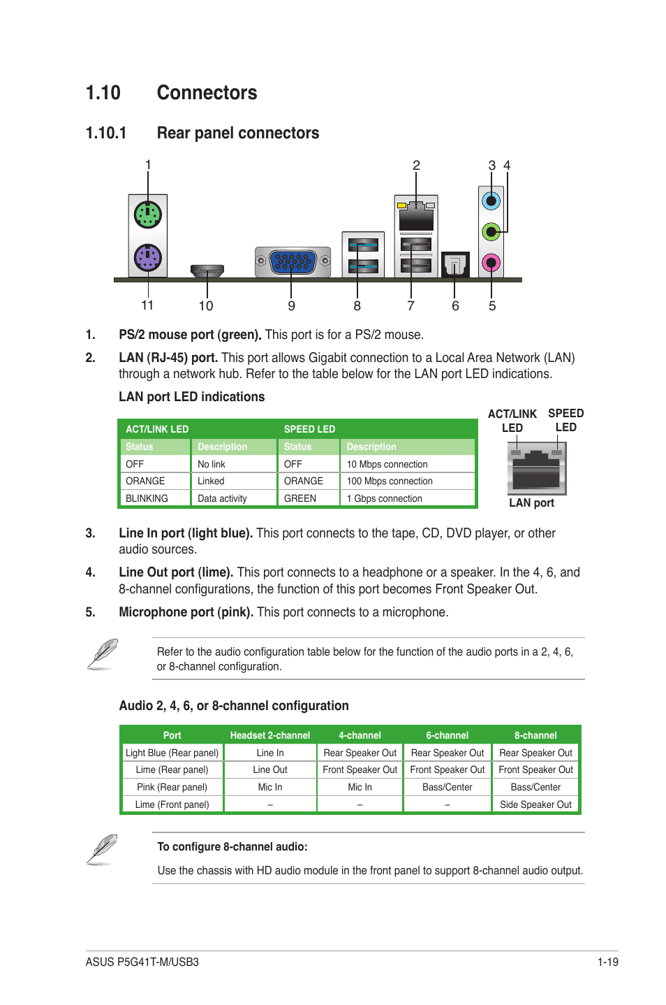 10 connectors, 1 rear panel connectors, 10 connectors -19 | 1 rear panel connectors -19 | Asus P5G41T-M/USB3 User Manual | Page 29 / 62