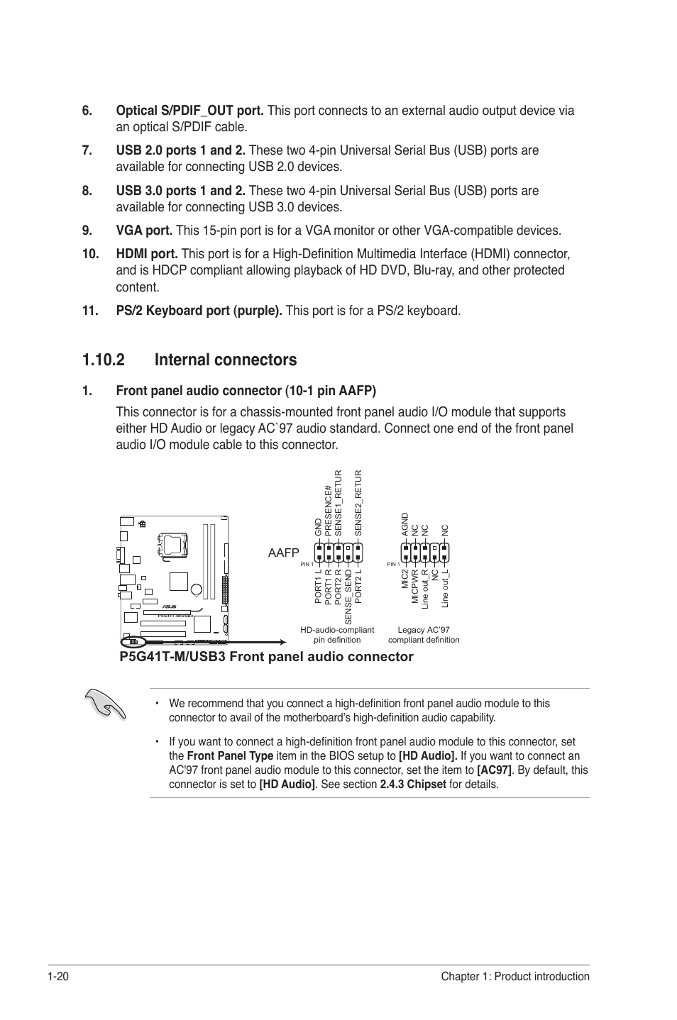 2 internal connectors, 2 internal connectors -20, P5g41t-m/usb3 front panel audio connector | Asus P5G41T-M/USB3 User Manual | Page 30 / 62