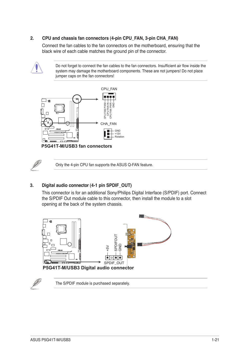 P5g41t-m/usb3 digital audio connector, P5g41t-m/usb3 fan connectors | Asus P5G41T-M/USB3 User Manual | Page 31 / 62