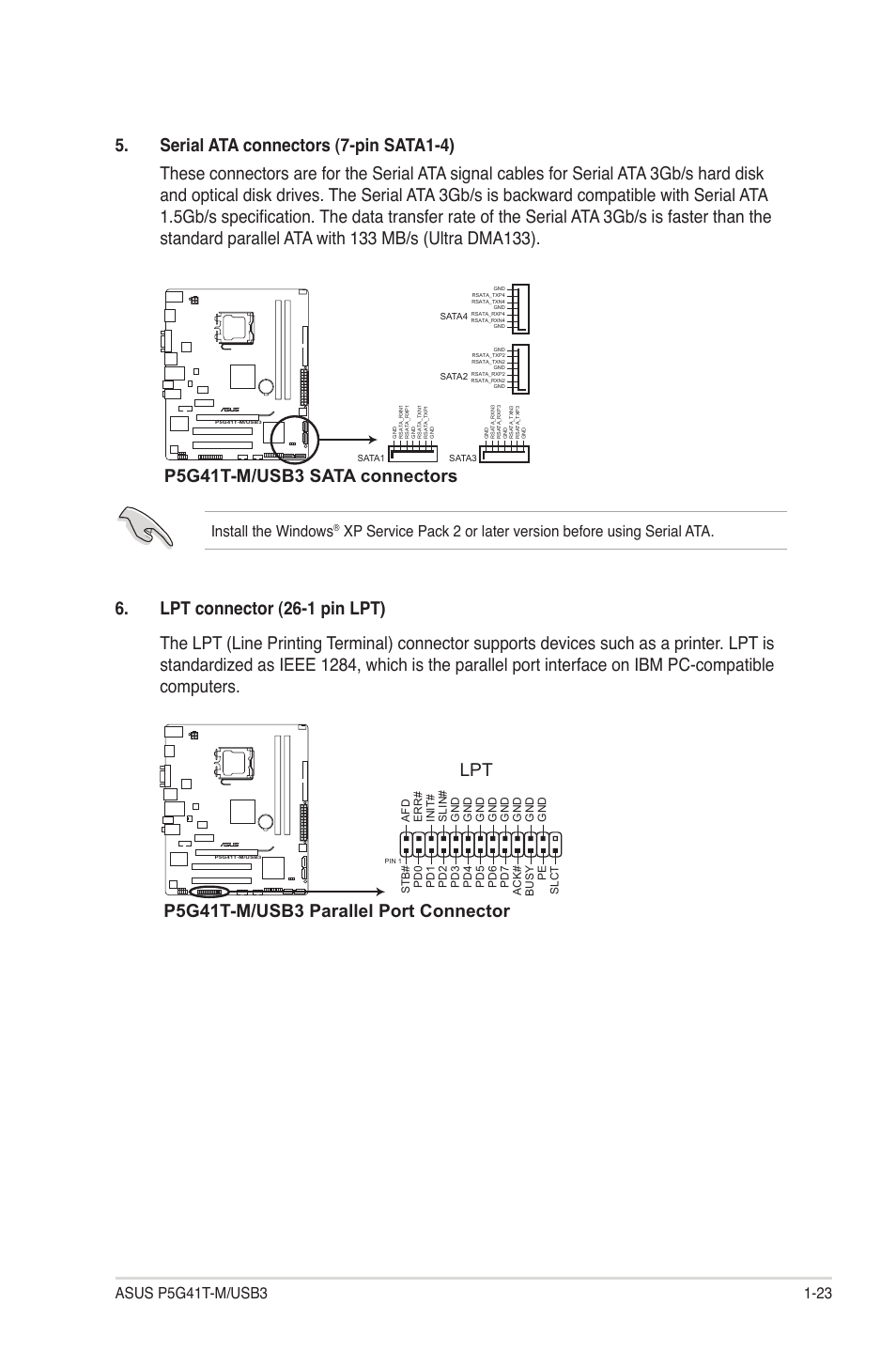 P5g41t-m/usb3 sata connectors, P5g41t-m/usb3 parallel port connector lpt, Install the windows | Asus P5G41T-M/USB3 User Manual | Page 33 / 62