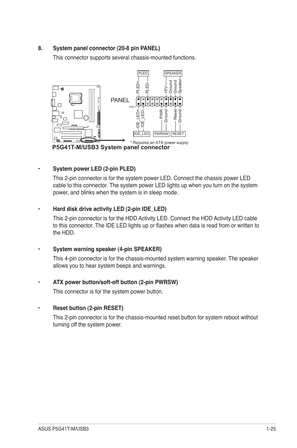 P5g41t-m/usb3 system panel connector, Panel | Asus P5G41T-M/USB3 User Manual | Page 35 / 62