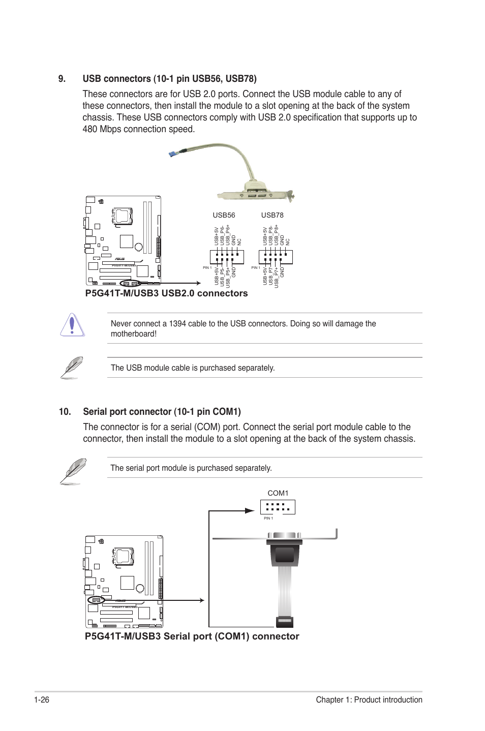 26 chapter 1: product introduction, The serial port module is purchased separately | Asus P5G41T-M/USB3 User Manual | Page 36 / 62