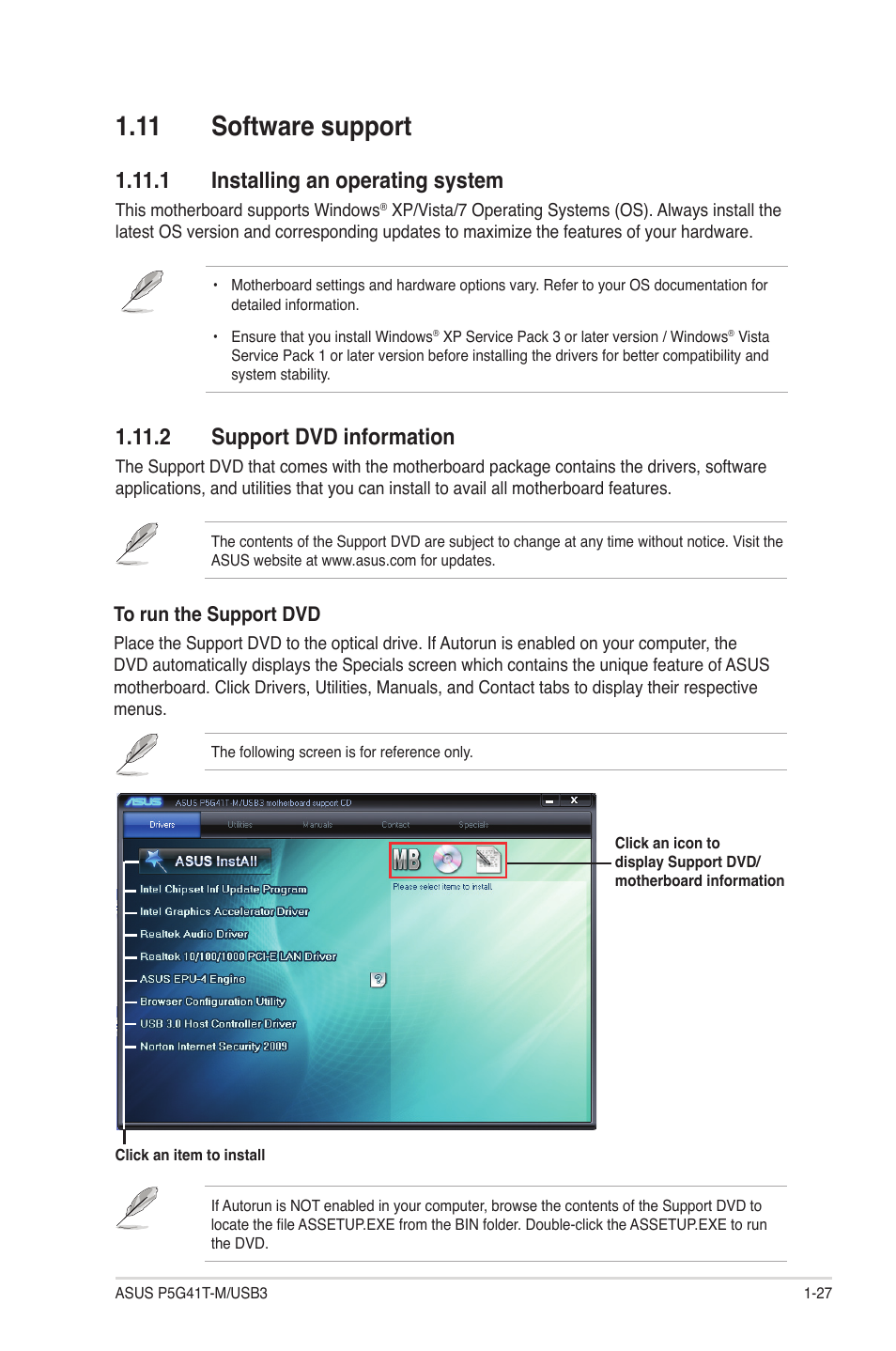 11 software support, 1 installing an operating system, 2 support dvd information | 11 software support -27 | Asus P5G41T-M/USB3 User Manual | Page 37 / 62