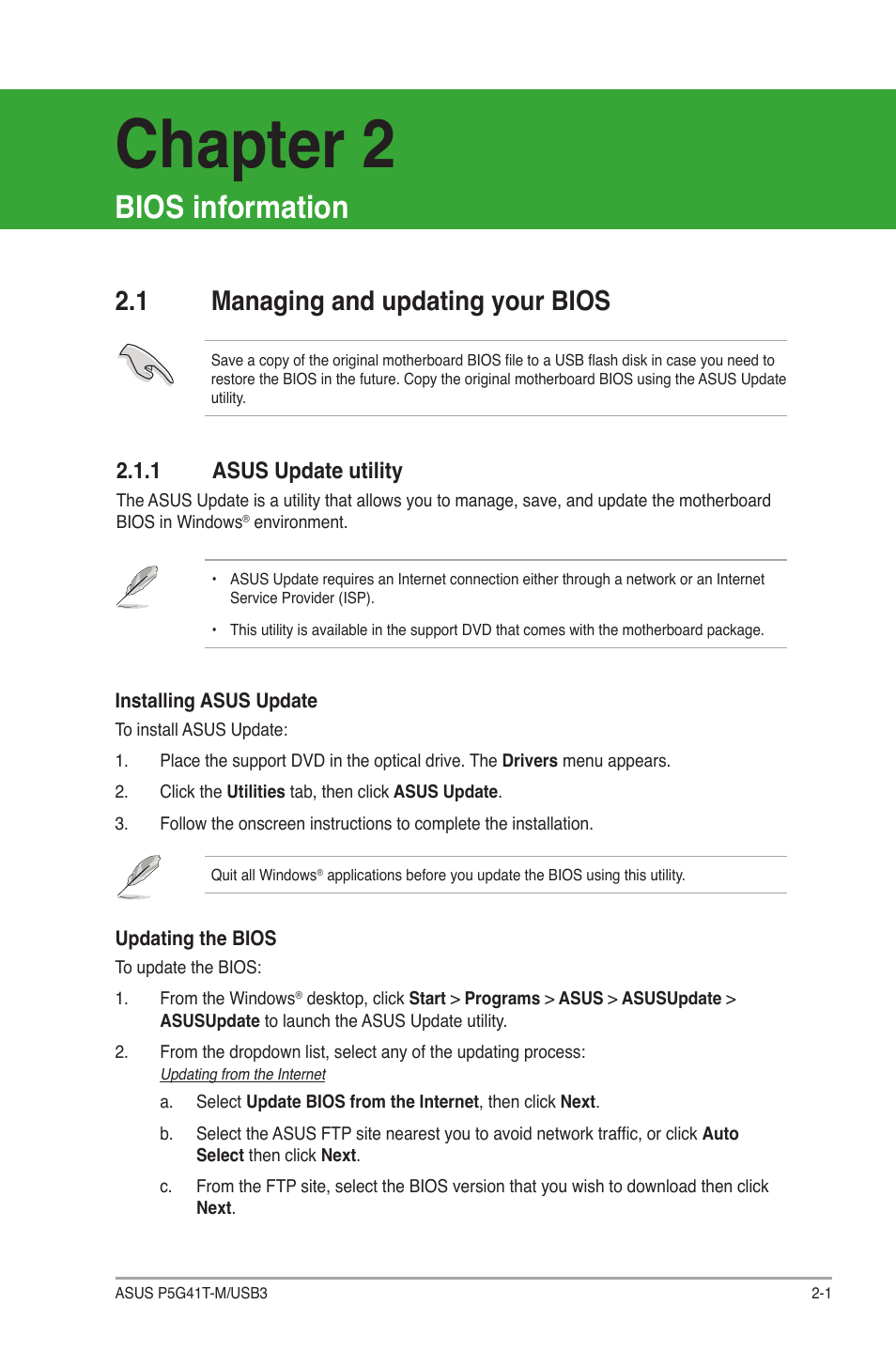 Chapter 2: bios information, 1 managing and updating your bios, 1 asus update utility | Managing and updating your bios -1 2.1.1, Asus update utility -1, Chapter 2, Bios information | Asus P5G41T-M/USB3 User Manual | Page 39 / 62