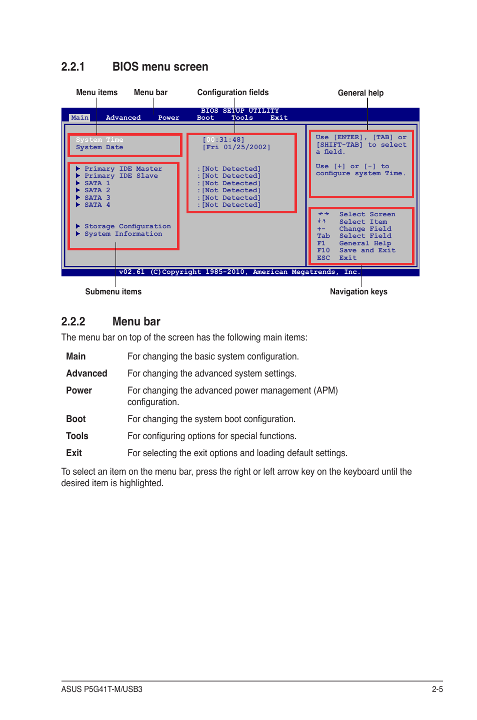 1 bios menu screen, 2 menu bar, Bios menu screen -5 | Menu bar -5 | Asus P5G41T-M/USB3 User Manual | Page 43 / 62