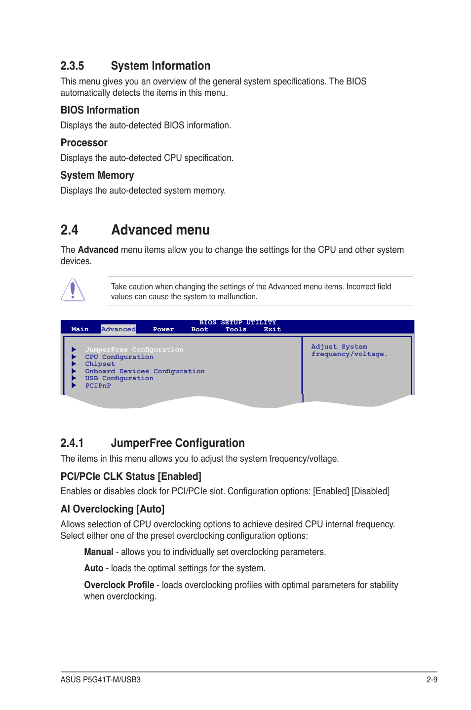 5 system information, 4 advanced menu, 1 jumperfree configuration | System information -9, Advanced menu -9 2.4.1, Jumperfree configuration -9 | Asus P5G41T-M/USB3 User Manual | Page 47 / 62