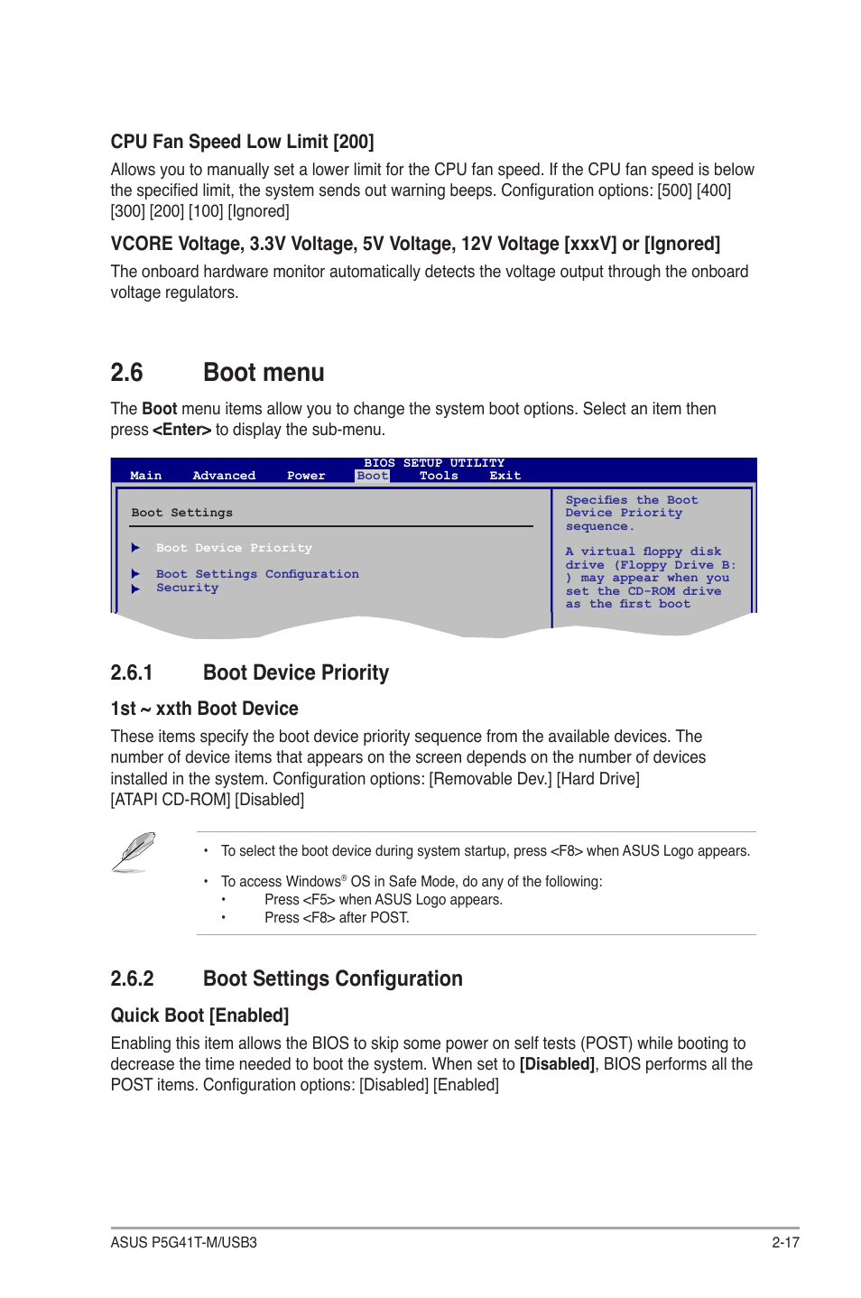 6 boot menu, 1 boot device priority, 2 boot settings configuration | Boot menu -17 2.6.1, Boot device priority -17, Boot settings configuration -17, 1st ~ xxth boot device, Quick boot [enabled, Cpu fan speed low limit [200 | Asus P5G41T-M/USB3 User Manual | Page 55 / 62