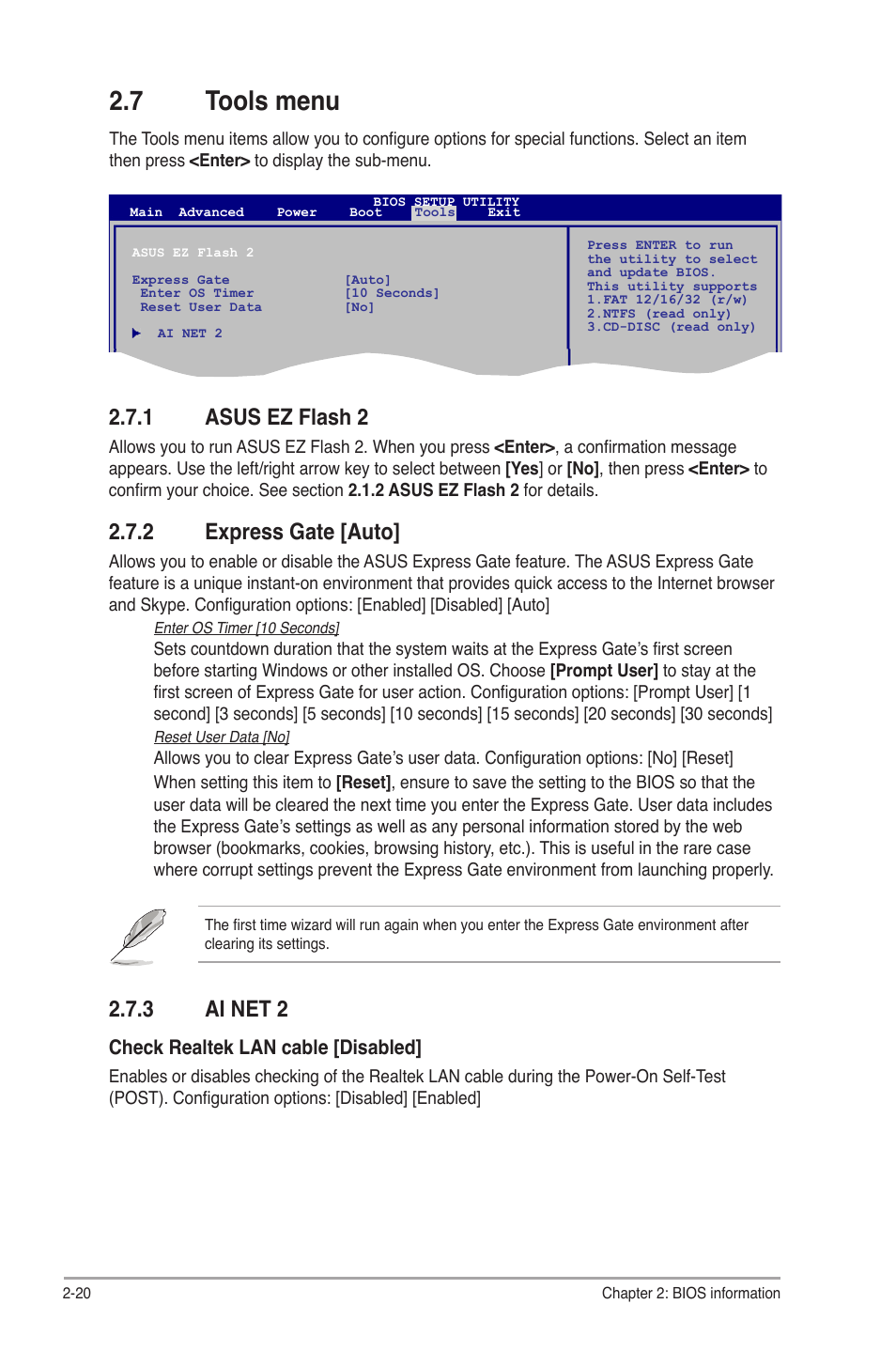 7 tools menu, 1 asus ez flash 2, 2 express gate | 3 ai net 2, Tools menu -20 2.7.1, Asus ez flash 2 -20, Express gate -20, Ai net 2 -20, 2 express gate [auto | Asus P5G41T-M/USB3 User Manual | Page 58 / 62