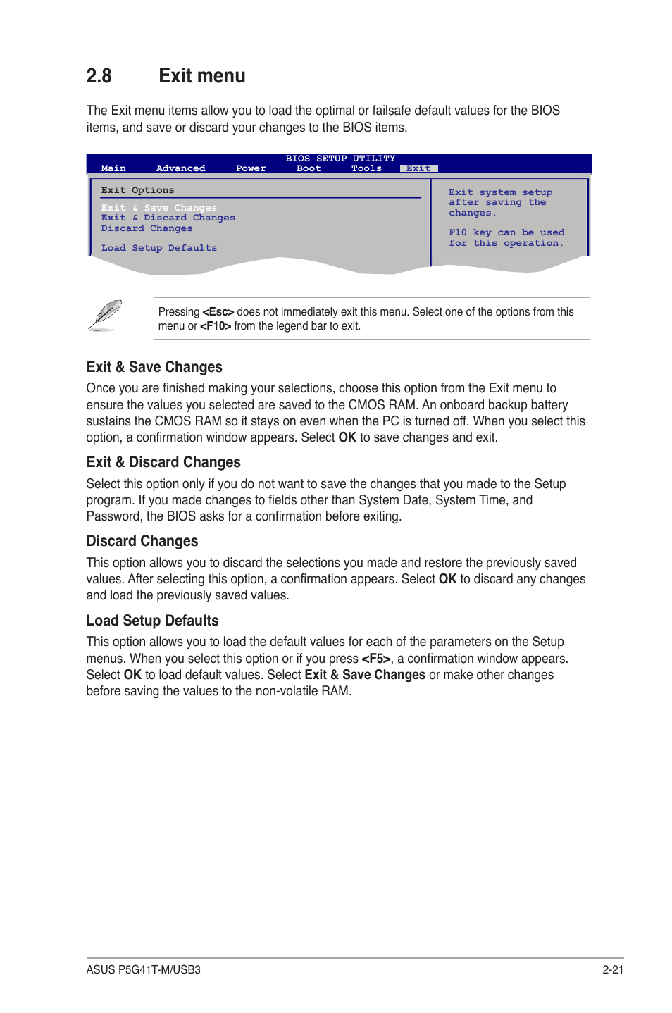 8 exit menu, Exit menu -21, Exit & save changes | Exit & discard changes, Discard changes, Load setup defaults | Asus P5G41T-M/USB3 User Manual | Page 59 / 62