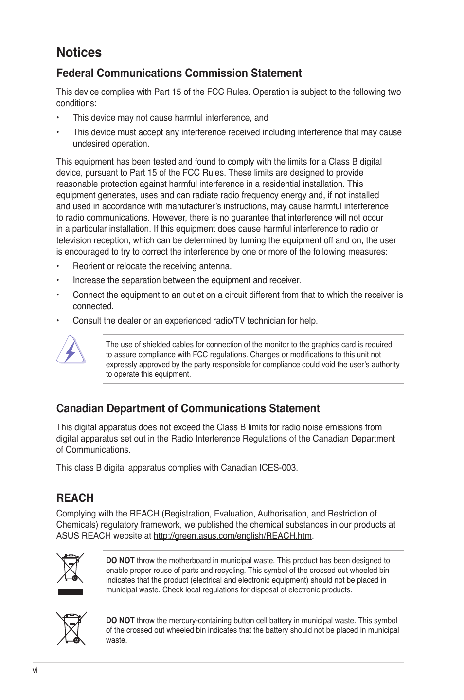 Notices, Federal communications commission statement, Canadian department of communications statement | Reach | Asus P5G41T-M/USB3 User Manual | Page 6 / 62