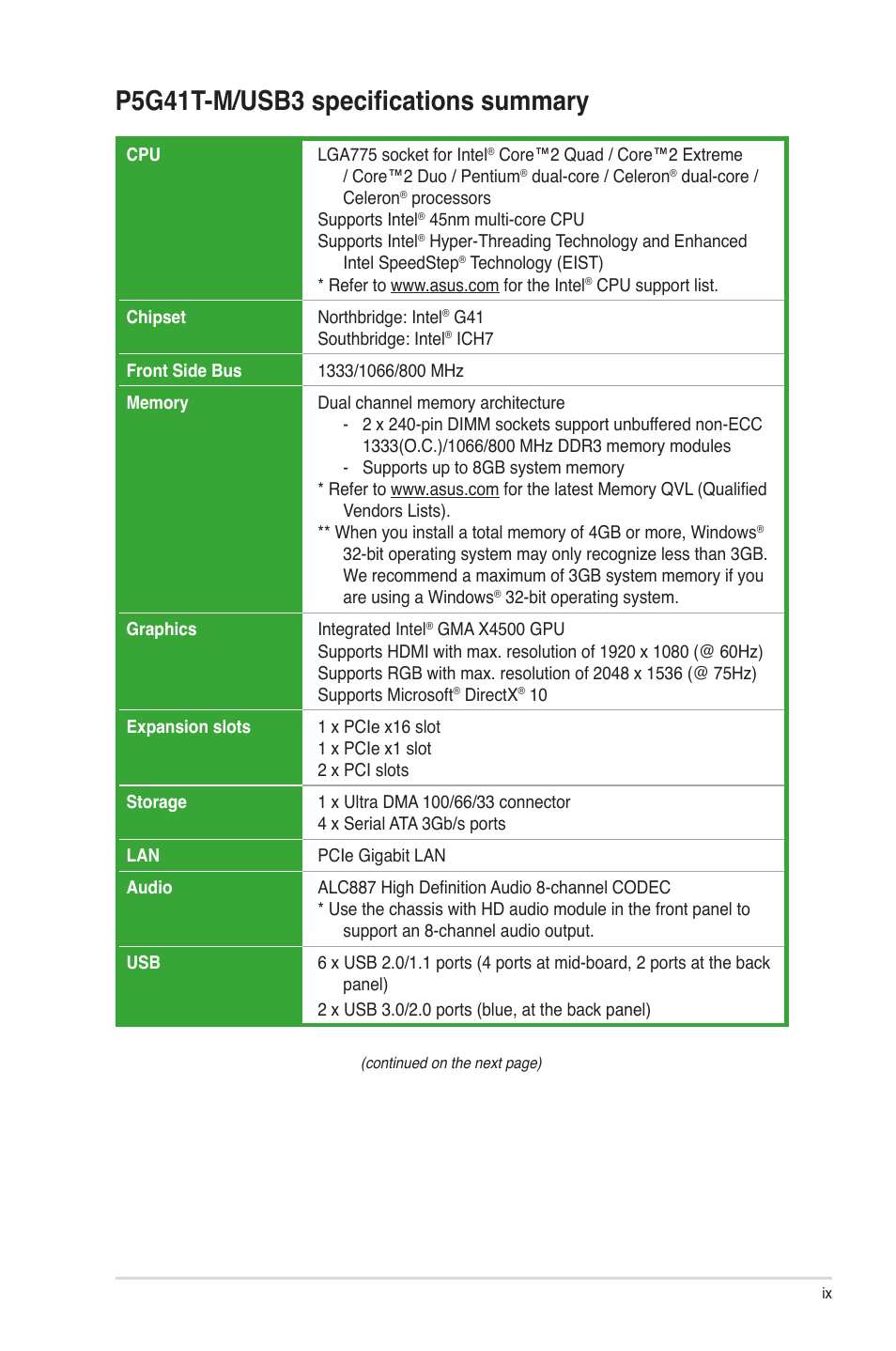 P5g41t-m/usb3 specifications summary | Asus P5G41T-M/USB3 User Manual | Page 9 / 62