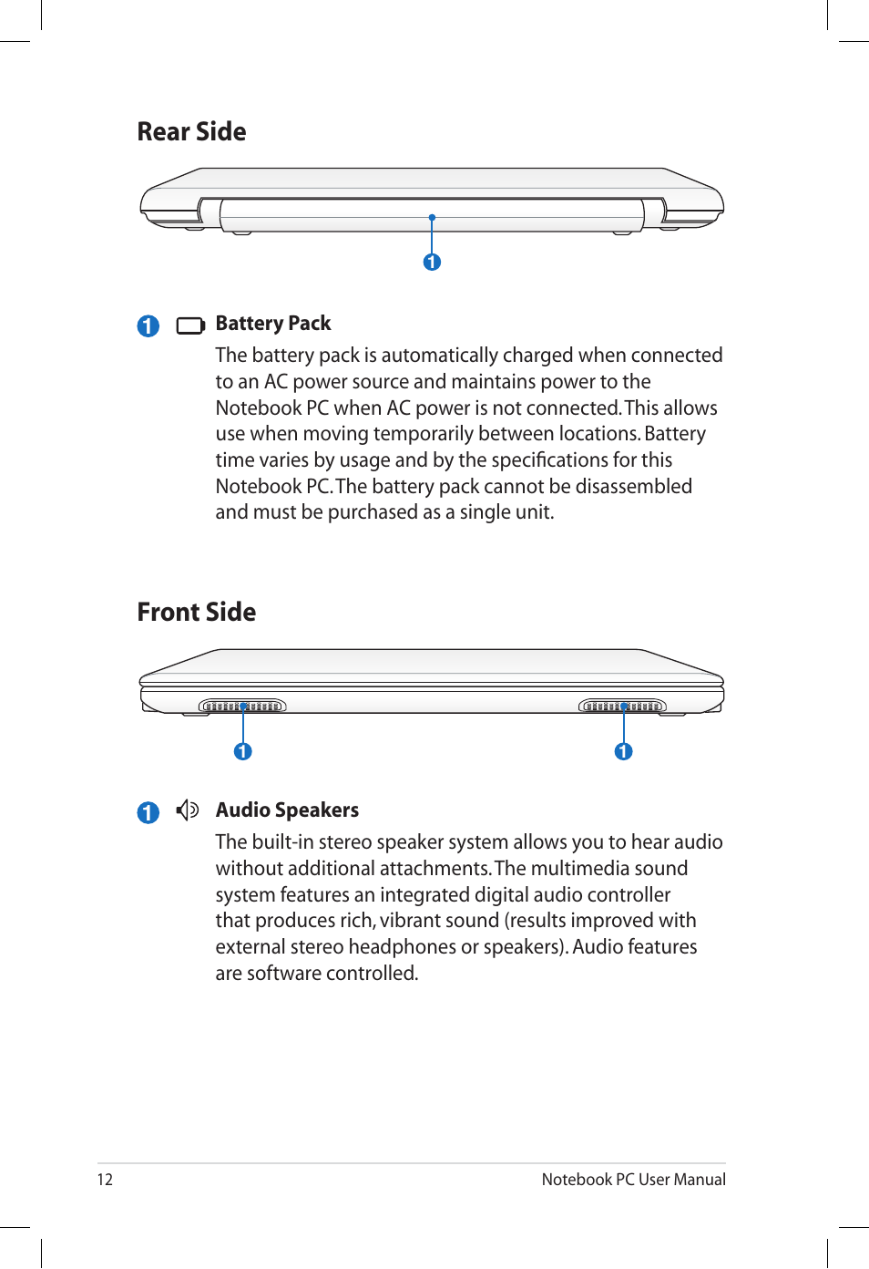 Rear side, Front side, Rear side front side | Asus UL80V User Manual | Page 12 / 26