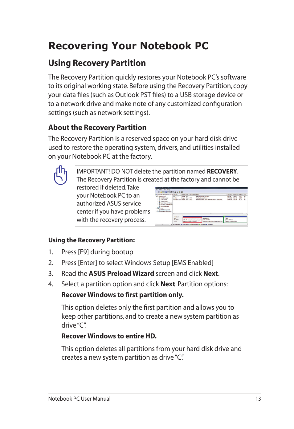 Recovering your notebook pc, Using recovery partition | Asus UL80V User Manual | Page 13 / 26