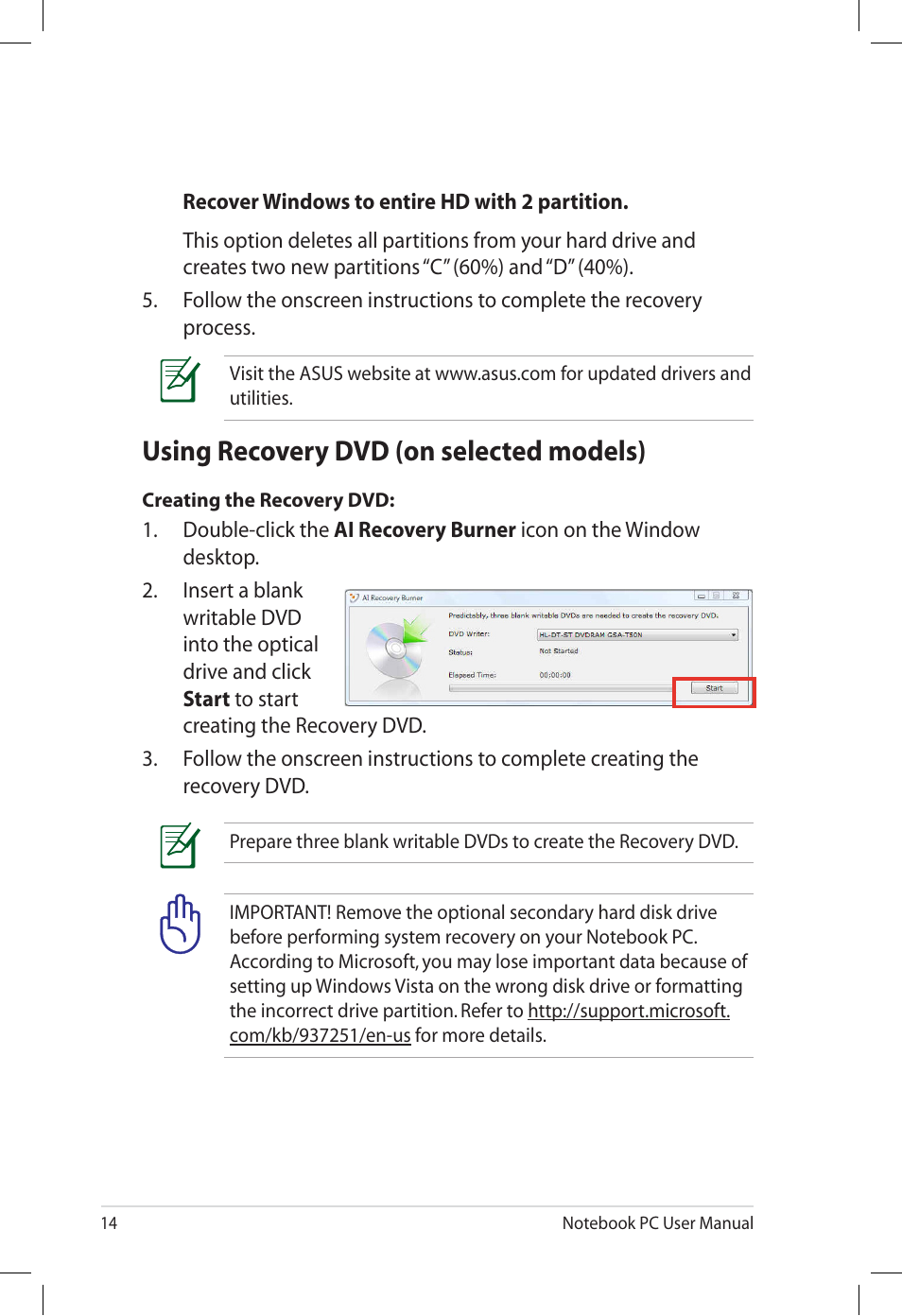 Using recovery dvd (on selected models) | Asus UL80V User Manual | Page 14 / 26