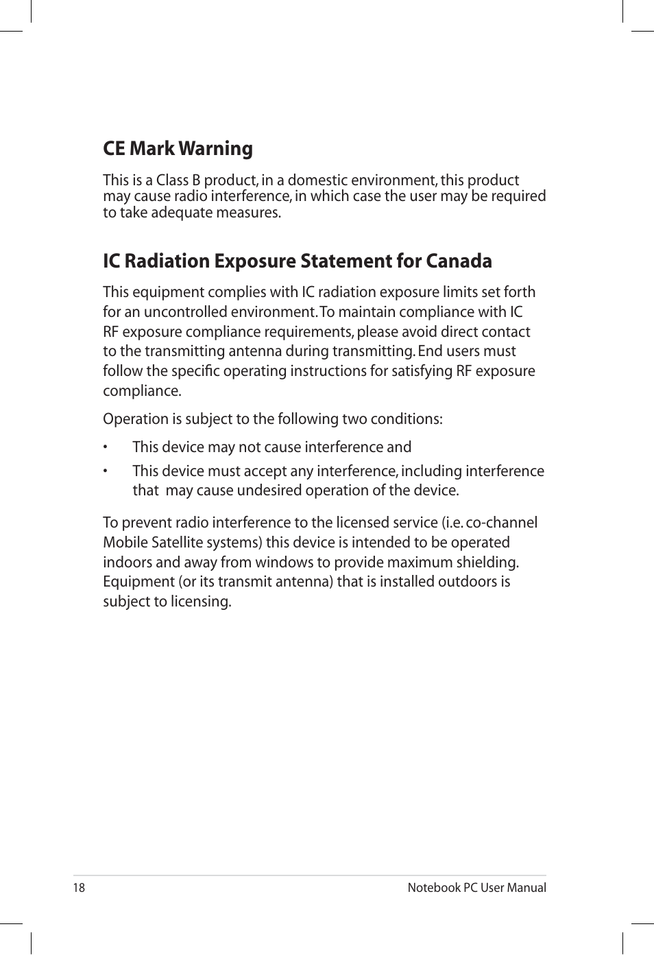 Ce mark warning, Ic radiation exposure statement for canada | Asus UL80V User Manual | Page 18 / 26