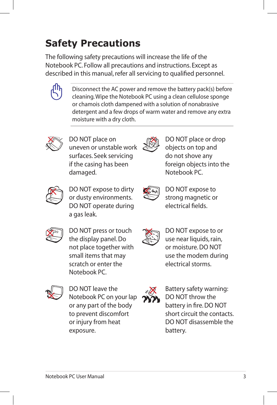 Safety precautions | Asus UL80V User Manual | Page 3 / 26