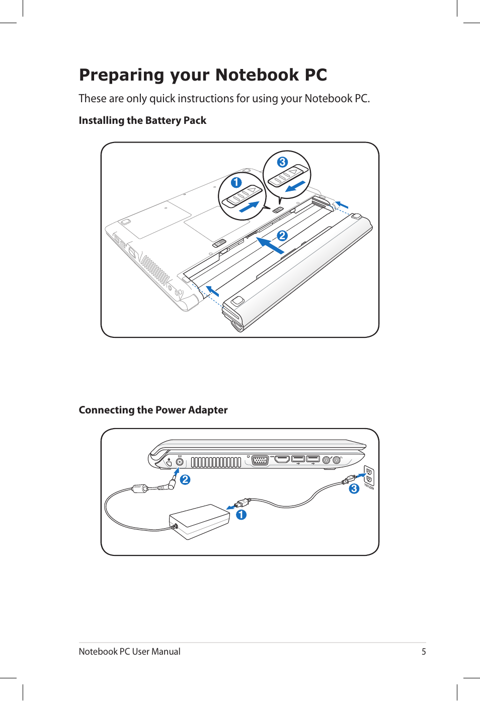 Preparing your notebook pc | Asus UL80V User Manual | Page 5 / 26