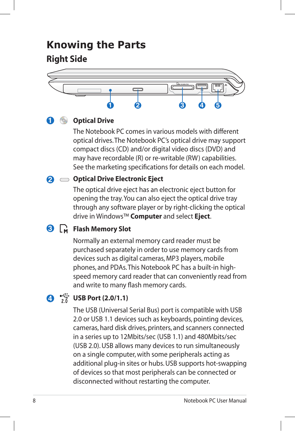 Knowing the parts, Right side | Asus UL80V User Manual | Page 8 / 26