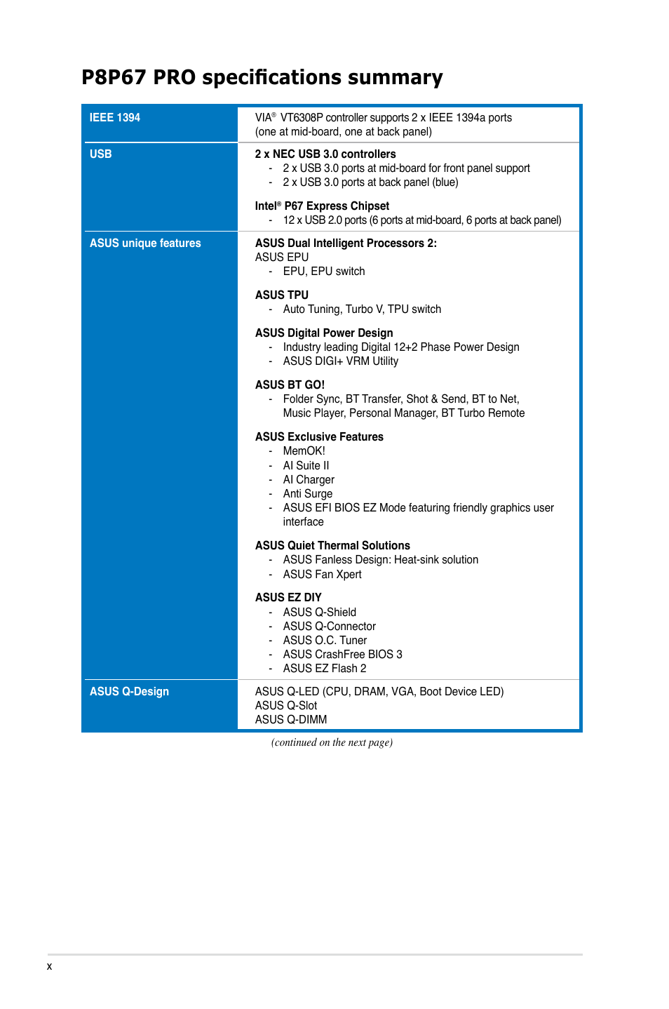 P8p67 pro specifications summary | Asus P8P67 PRO User Manual | Page 10 / 132
