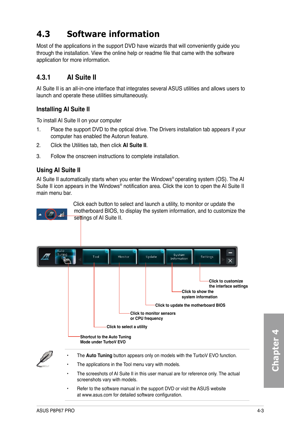 Chapter 4 4.3 software information, 1 ai suite ii | Asus P8P67 PRO User Manual | Page 103 / 132