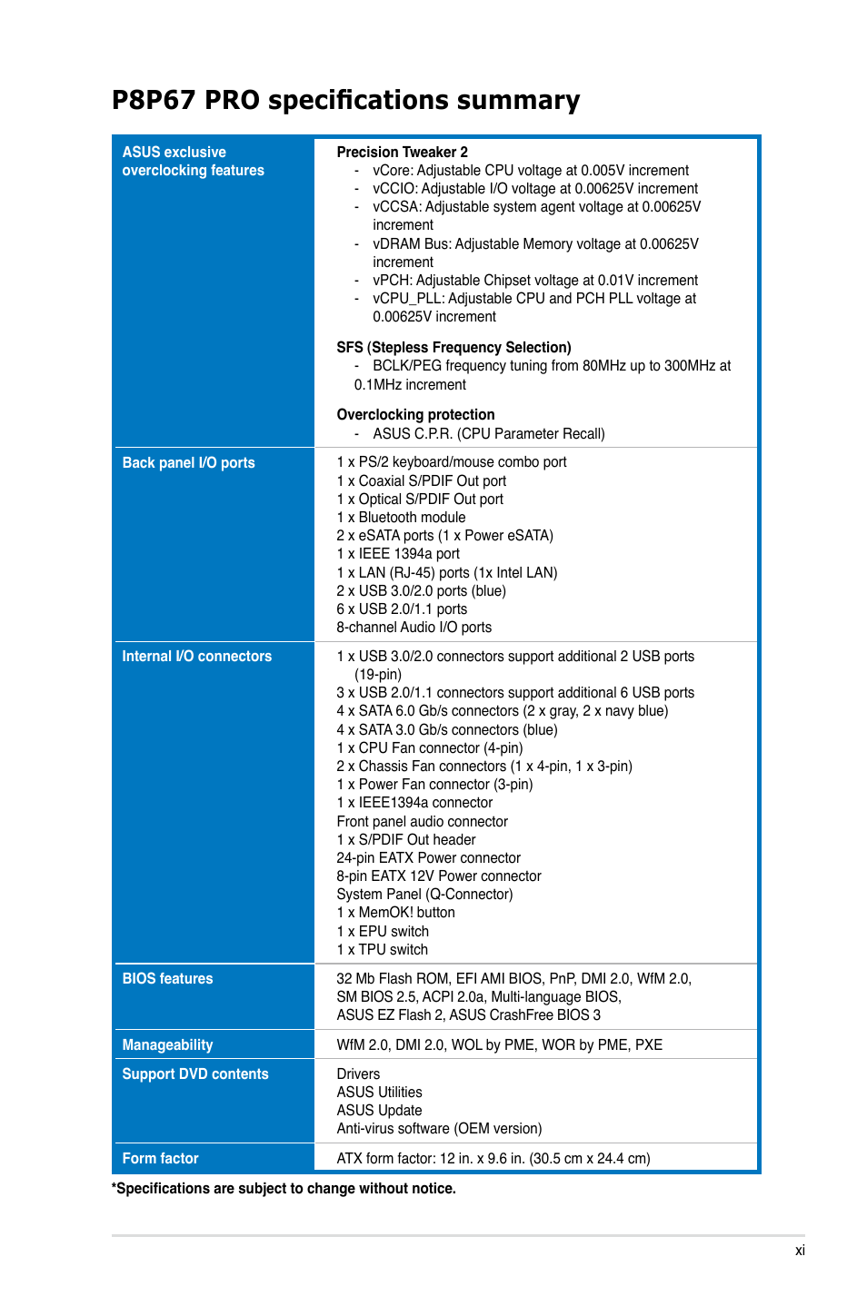 P8p67 pro specifications summary | Asus P8P67 PRO User Manual | Page 11 / 132