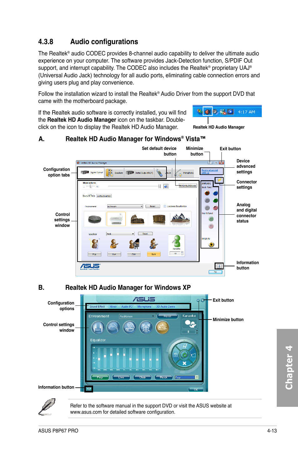 Chapter 4, 8 audio configurations, A. realtek hd audio manager for windows | Vista, B. realtek hd audio manager for windows xp | Asus P8P67 PRO User Manual | Page 113 / 132