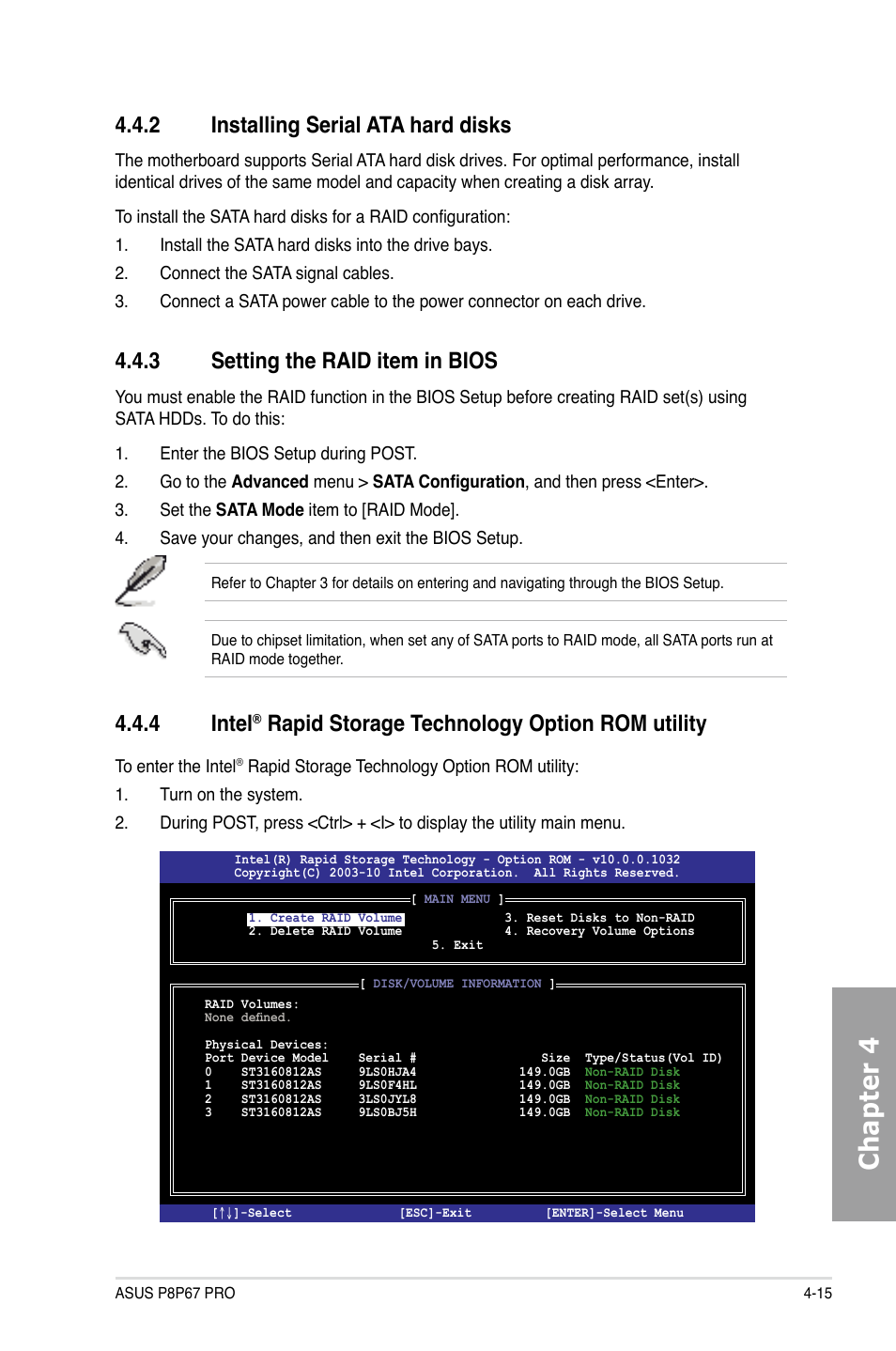 Chapter 4, 2 installing serial ata hard disks, 3 setting the raid item in bios | 4 intel, Rapid storage technology option rom utility | Asus P8P67 PRO User Manual | Page 115 / 132
