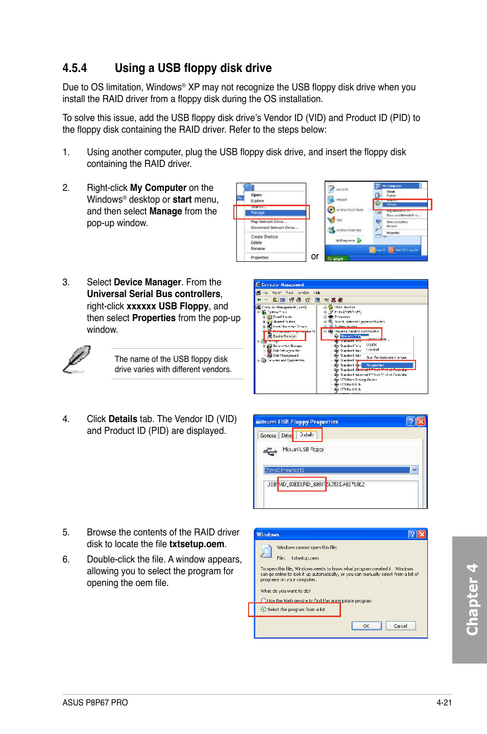 Chapter 4, 4 using a usb floppy disk drive | Asus P8P67 PRO User Manual | Page 121 / 132