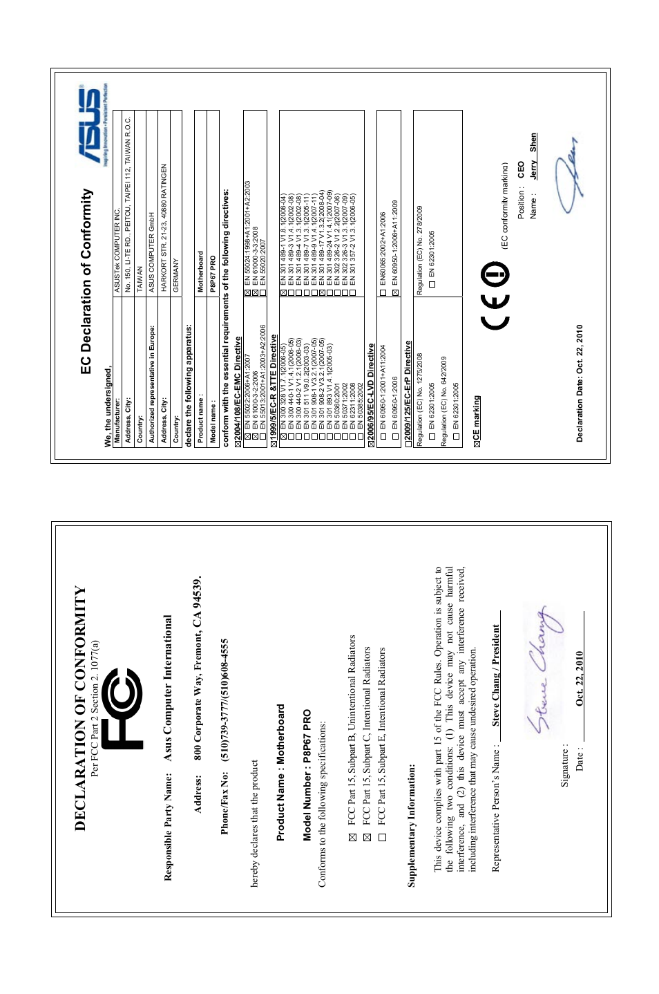 Declaration of conformity, Ec declaration of conformity, Asu s c om pu te r in te rn at io na l | Asus P8P67 PRO User Manual | Page 132 / 132