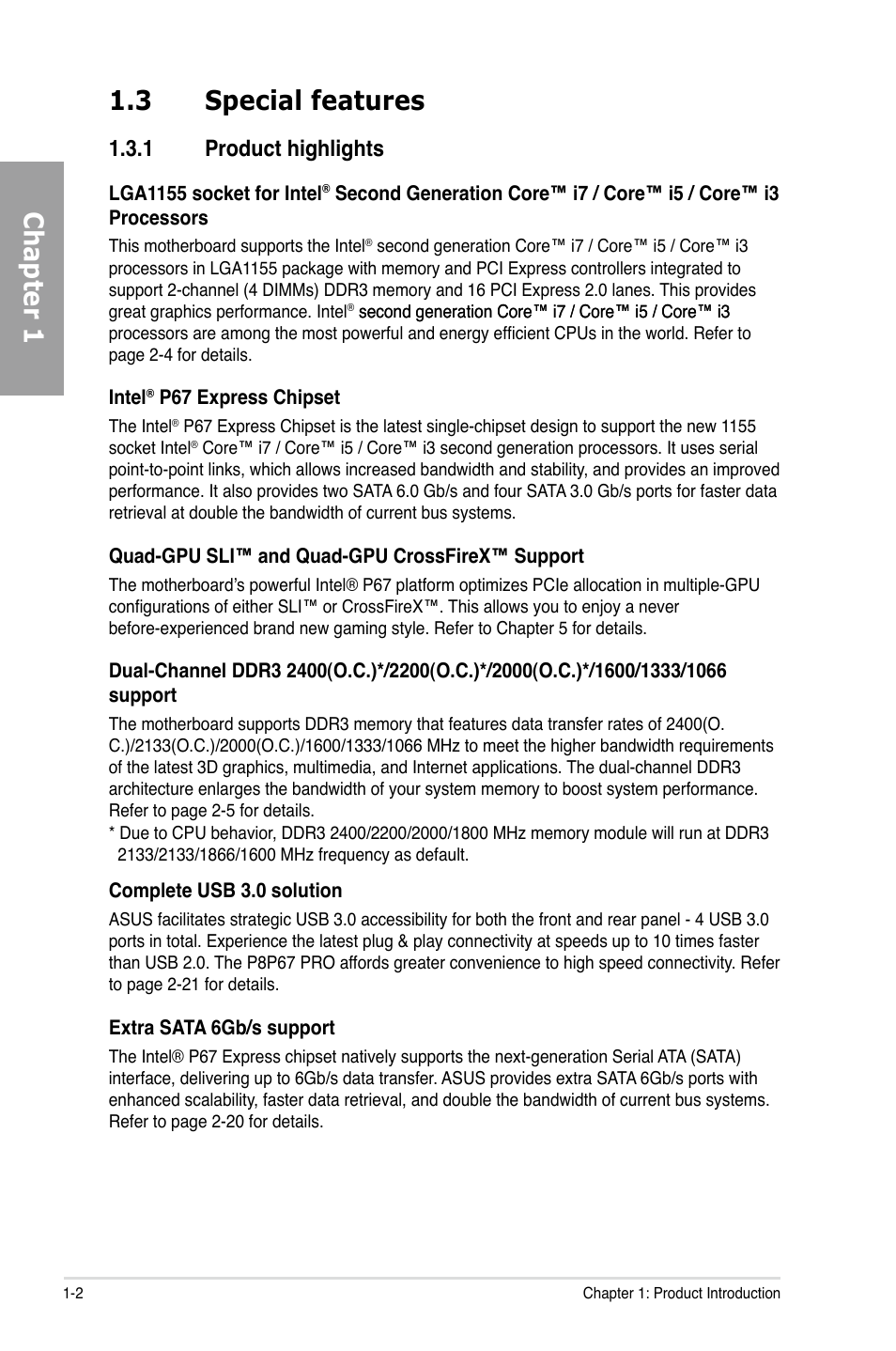 Chapter 1 1.3 special features, 1 product highlights | Asus P8P67 PRO User Manual | Page 14 / 132