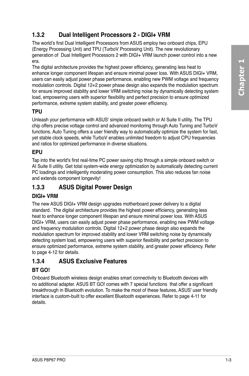 Chapter 1, 2 dual intelligent processors 2 - digi+ vrm, 3 asus digital power design | 4 asus exclusive features | Asus P8P67 PRO User Manual | Page 15 / 132