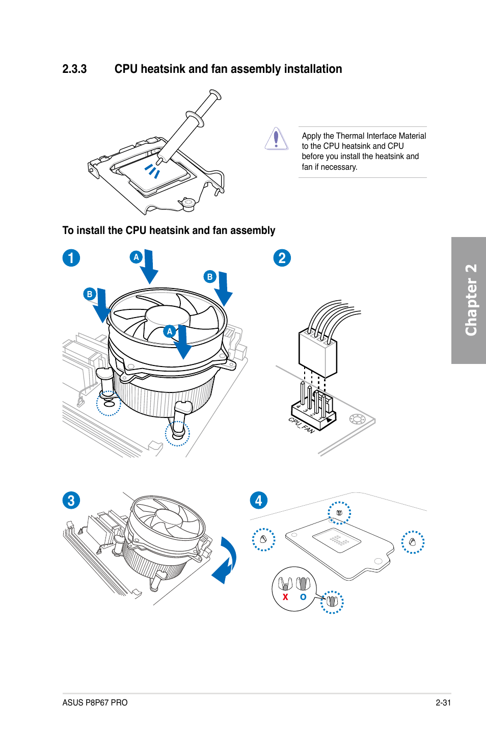 Chapter 2, 3 cpu heatsink and fan assembly installation | Asus P8P67 PRO User Manual | Page 49 / 132