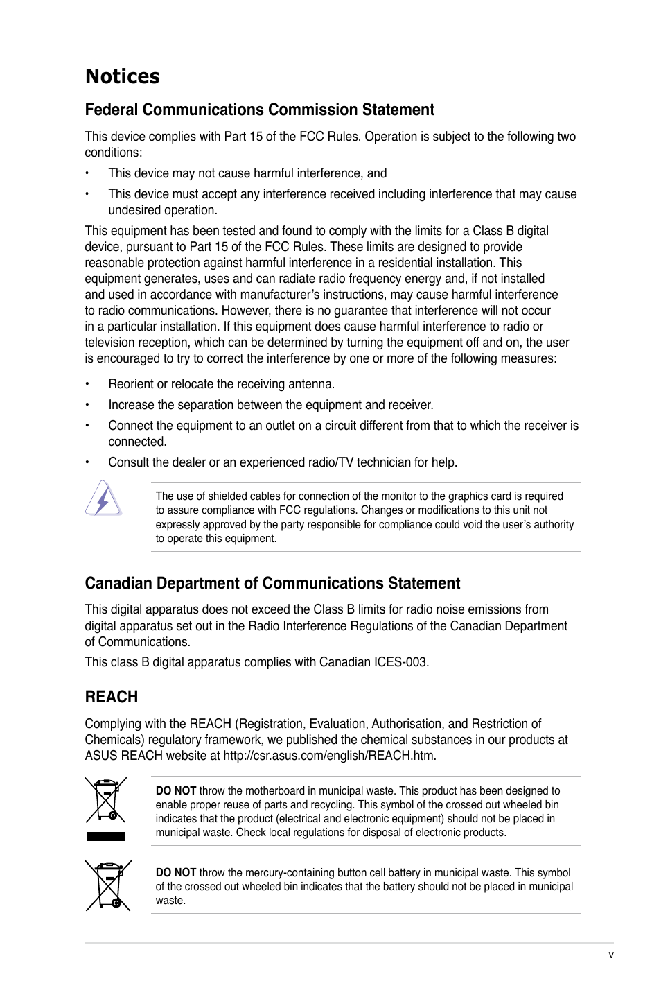 Notices, Notices v, Federal communications commission statement | Canadian department of communications statement, Reach | Asus P8P67 PRO User Manual | Page 5 / 132