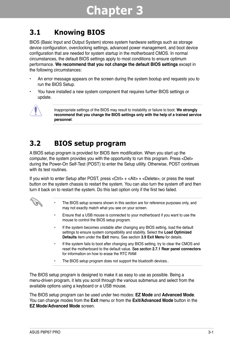 Chapter 3, Chapter 3 3.1 knowing bios, 2 bios setup program | Asus P8P67 PRO User Manual | Page 63 / 132