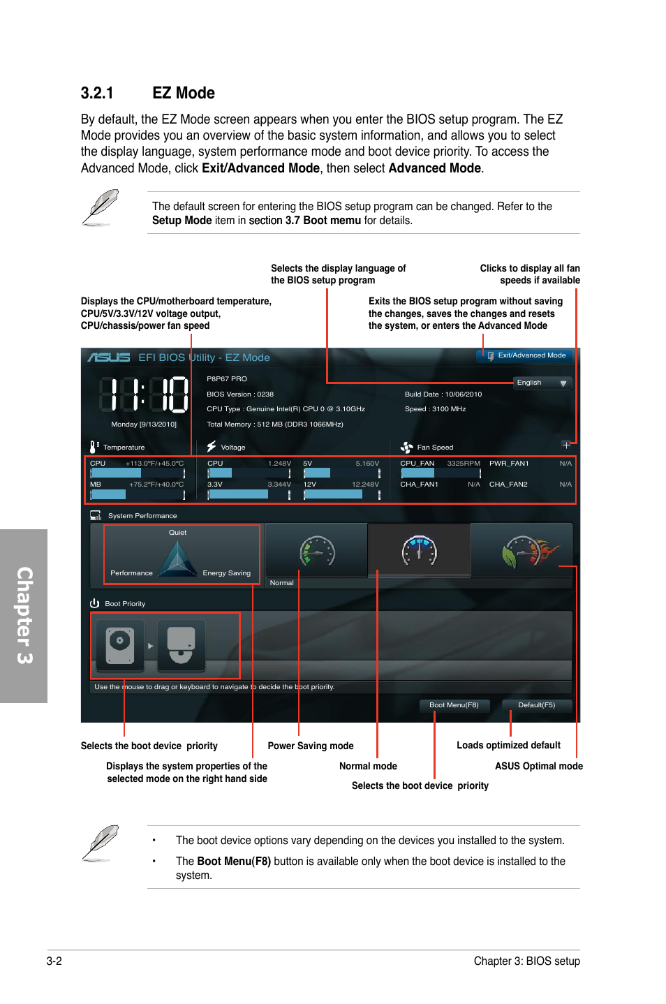 Chapter 3, 1 ez mode, 2 chapter 3: bios setup | Asus P8P67 PRO User Manual | Page 64 / 132