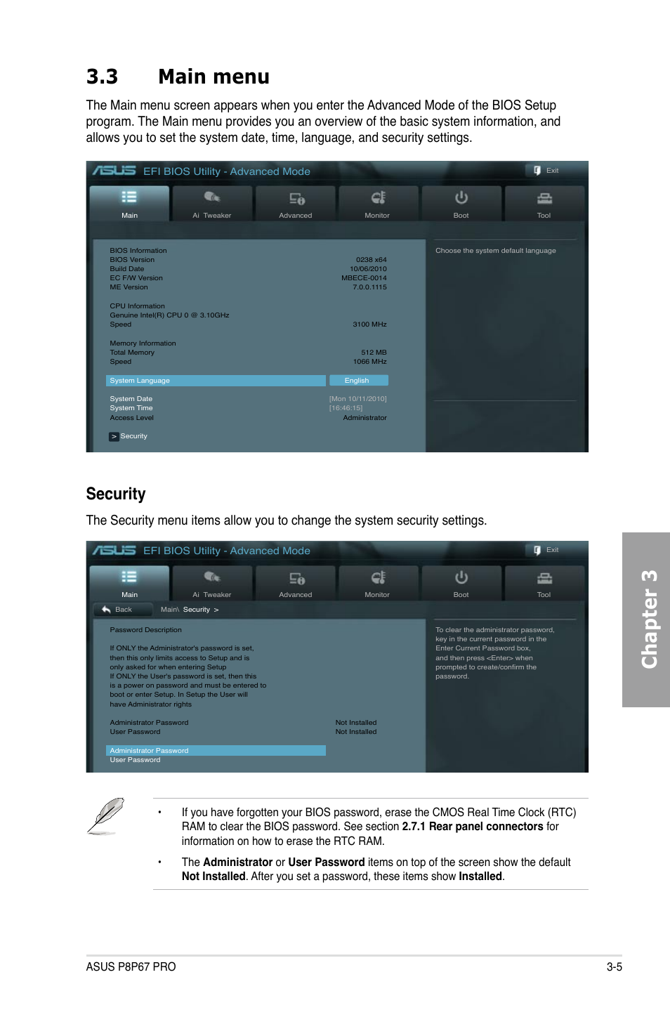 Chapter 3 3.3 main menu, Security | Asus P8P67 PRO User Manual | Page 67 / 132