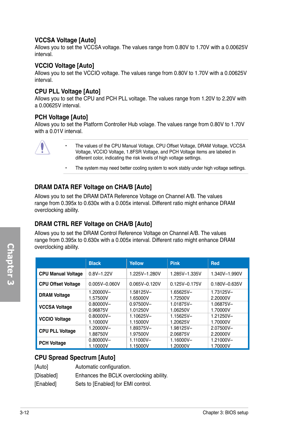 Chapter 3, Cpu spread spectrum [auto, Vccsa voltage [auto | Vccio voltage [auto, Cpu pll voltage [auto, Pch voltage [auto, Dram data ref voltage on cha/b [auto, Dram ctrl ref voltage on cha/b [auto | Asus P8P67 PRO User Manual | Page 74 / 132