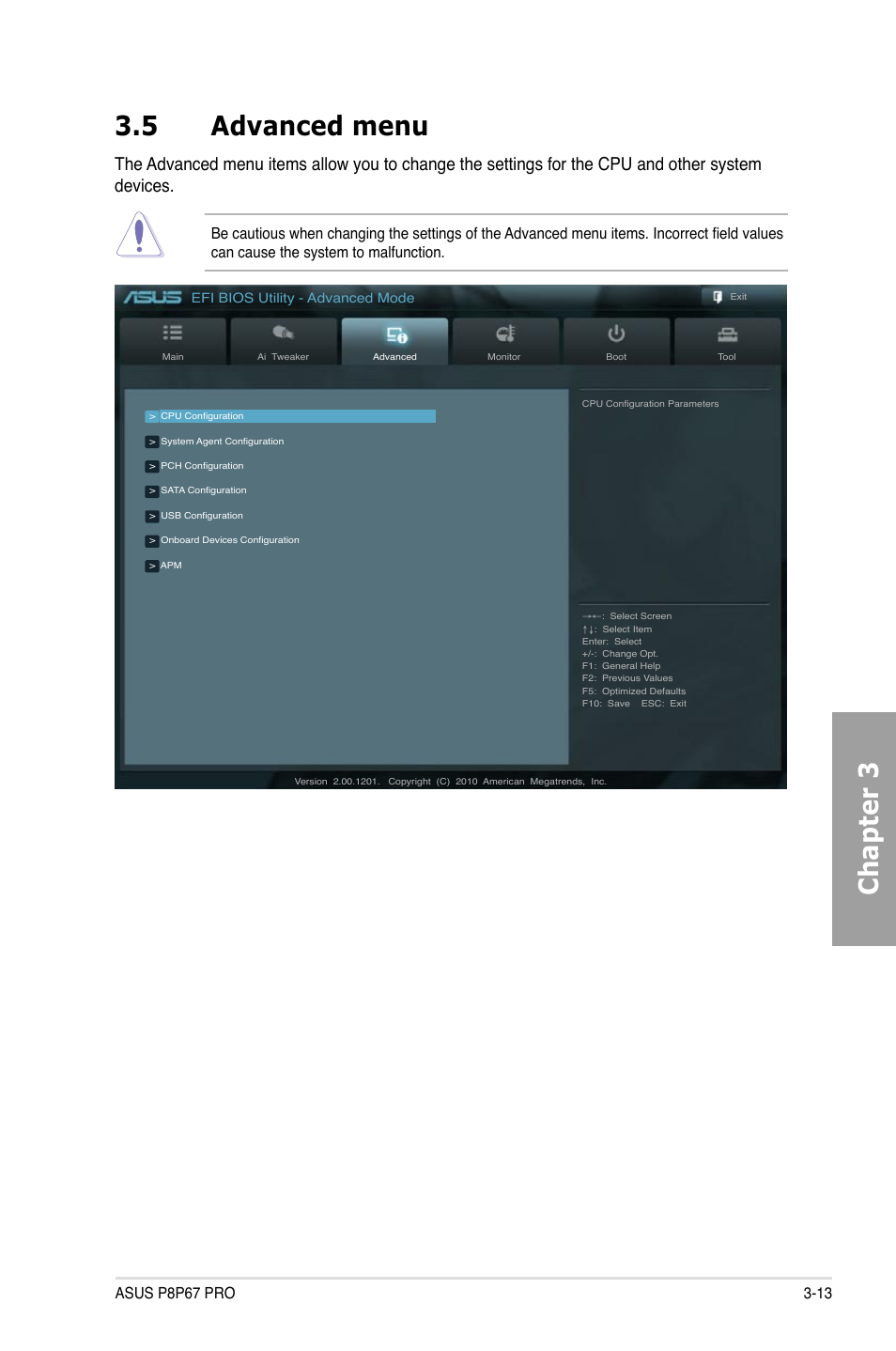 Chapter 3, 5 advanced menu | Asus P8P67 PRO User Manual | Page 75 / 132