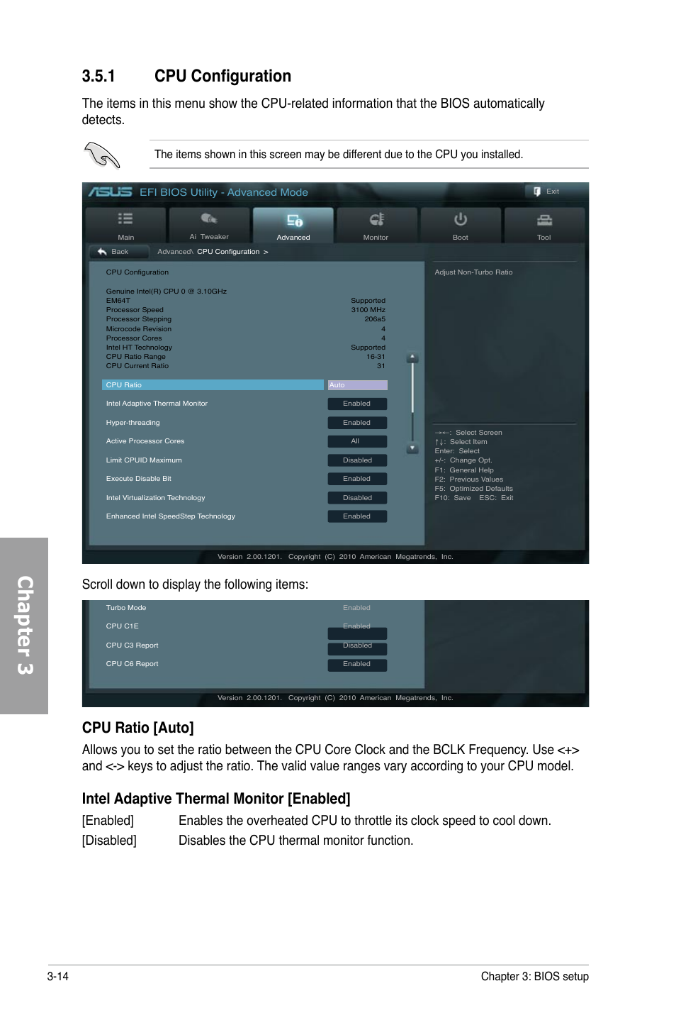 Chapter 3, 1 cpu configuration, Cpu ratio [auto | Intel adaptive thermal monitor [enabled, Scroll down to display the following items, 14 chapter 3: bios setup | Asus P8P67 PRO User Manual | Page 76 / 132
