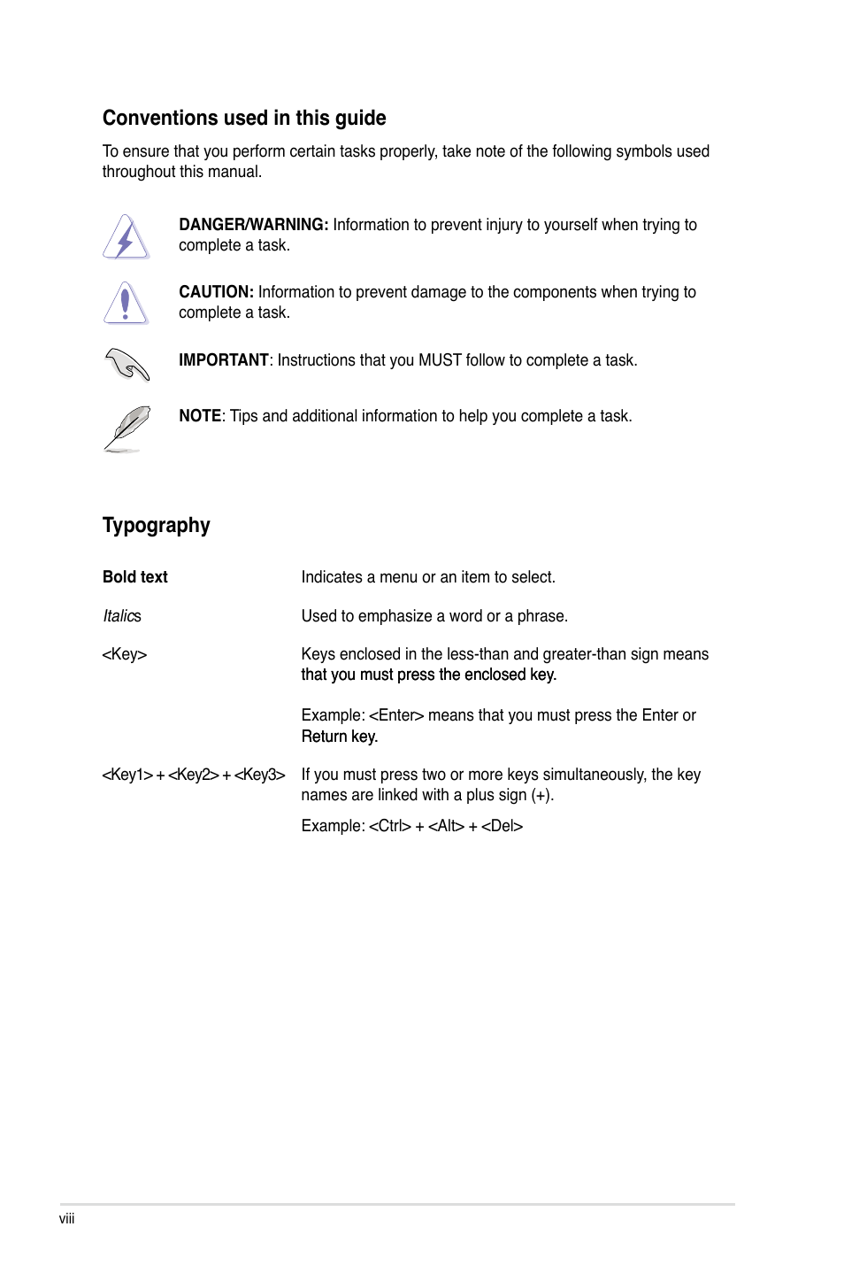 Conventions used in this guide, Typography | Asus P8P67 PRO User Manual | Page 8 / 132