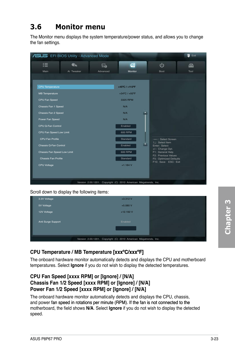 Chapter 3 3.6 monitor menu | Asus P8P67 PRO User Manual | Page 85 / 132
