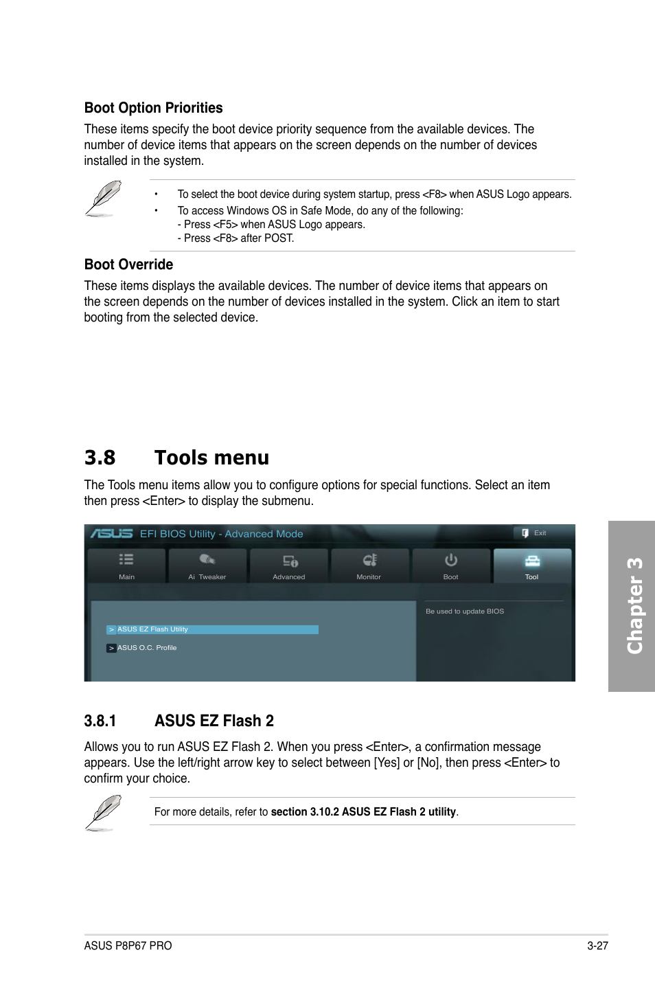 Chapter 3 3.8 tools menu, 1 asus ez flash 2, Boot option priorities | Boot override | Asus P8P67 PRO User Manual | Page 89 / 132