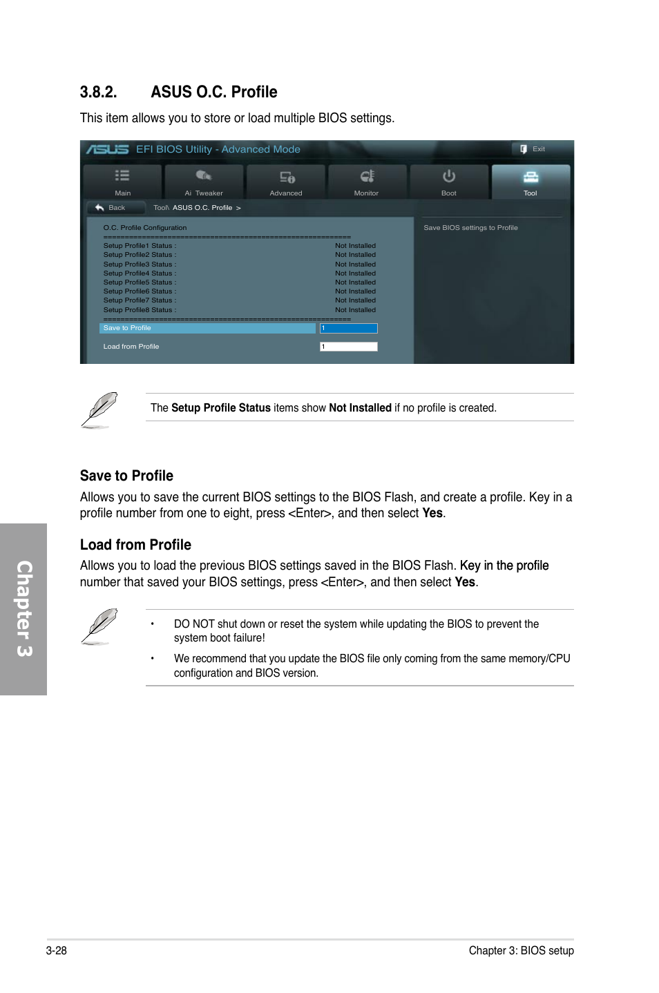 Chapter 3, Asus o.c. profile, Save to profile | Load from profile, 28 chapter 3: bios setup | Asus P8P67 PRO User Manual | Page 90 / 132