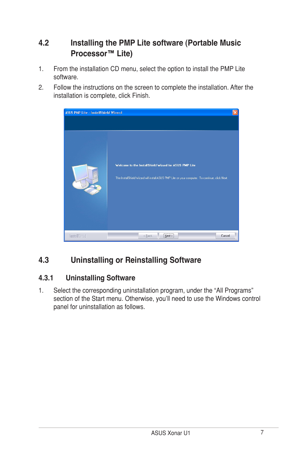 3 uninstalling or reinstalling software, Installing the pmp lite software, Portable music processor™ lite) | Uninstalling or reinstalling software | Asus Xonar U1 User Manual | Page 13 / 48