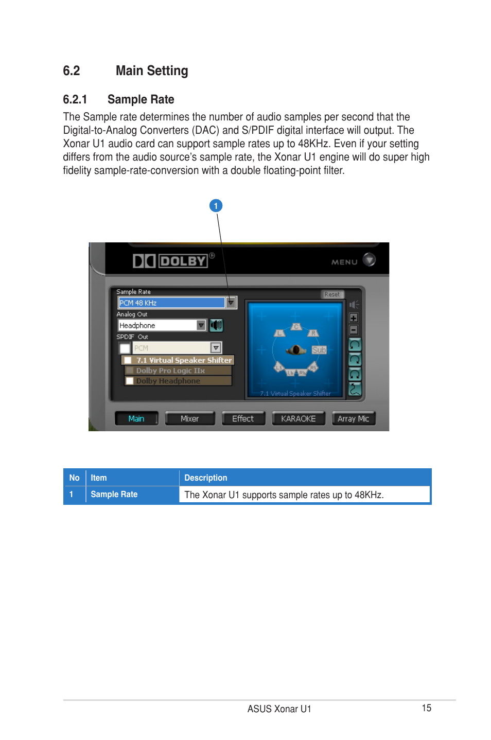 2 main setting, Main setting, 1 sample rate | Asus Xonar U1 User Manual | Page 21 / 48
