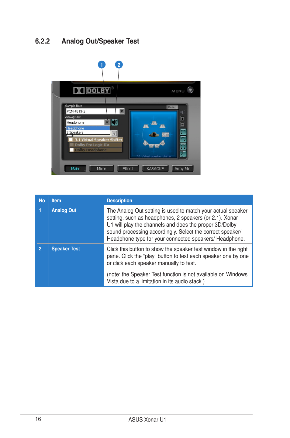 2 analog out/speaker test | Asus Xonar U1 User Manual | Page 22 / 48