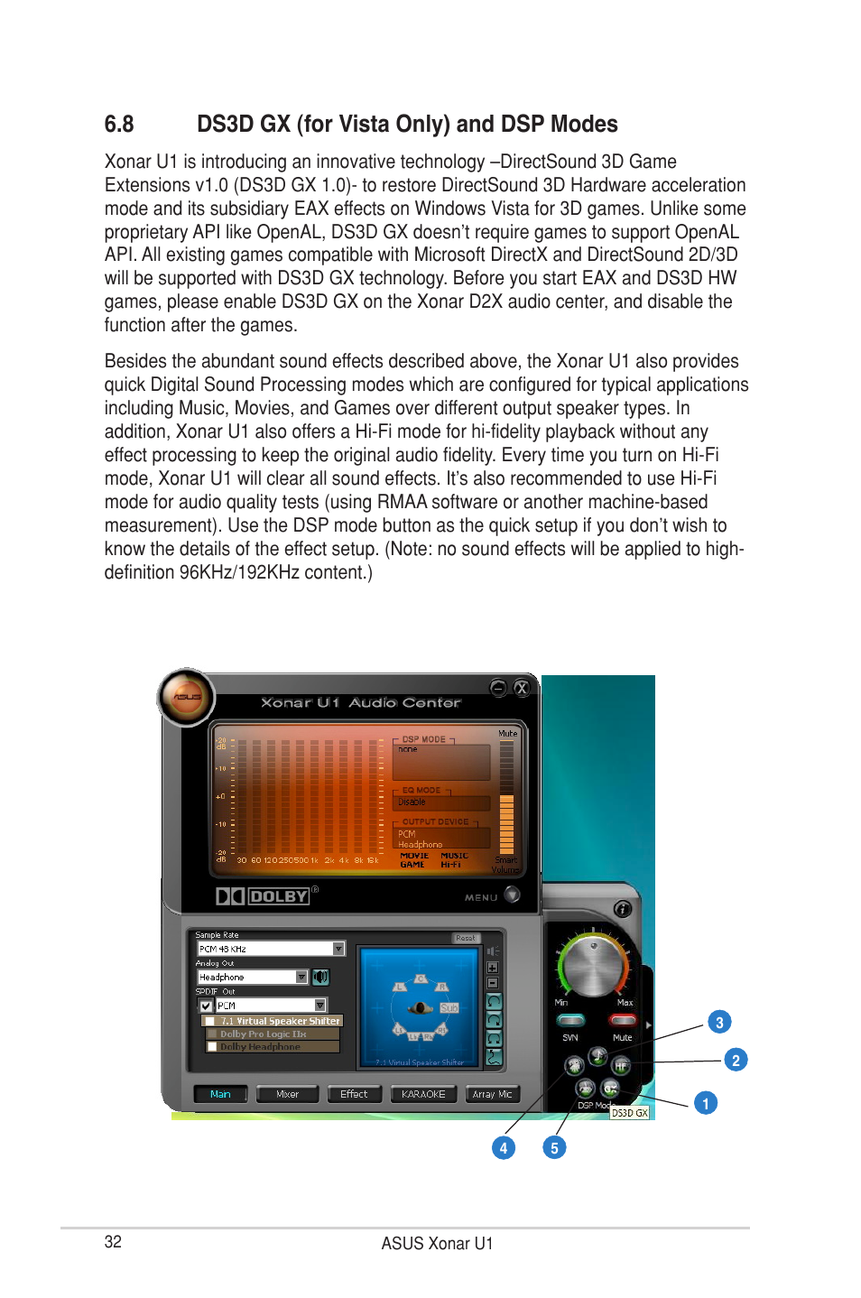 8 ds3d gx (for vista only) and dsp modes, Ds3d gx (for vista only) and dsp modes | Asus Xonar U1 User Manual | Page 38 / 48