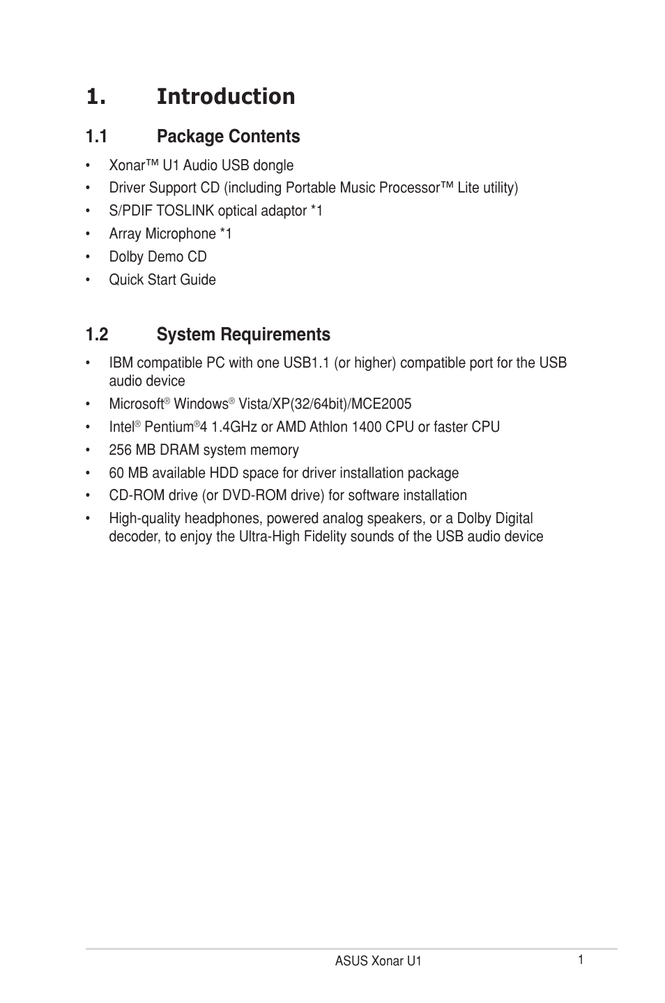 Introduction, 1 package contents, 2 system requirements | Introduction 1.1, Package contents, System requirements | Asus Xonar U1 User Manual | Page 7 / 48