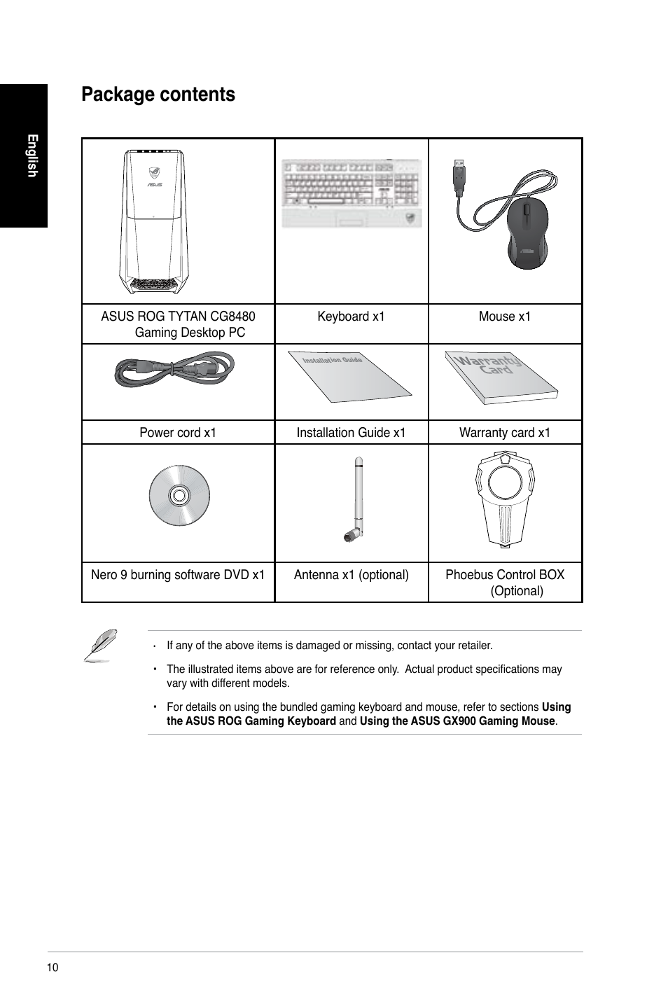 Package contents | Asus CG8480 User Manual | Page 10 / 110