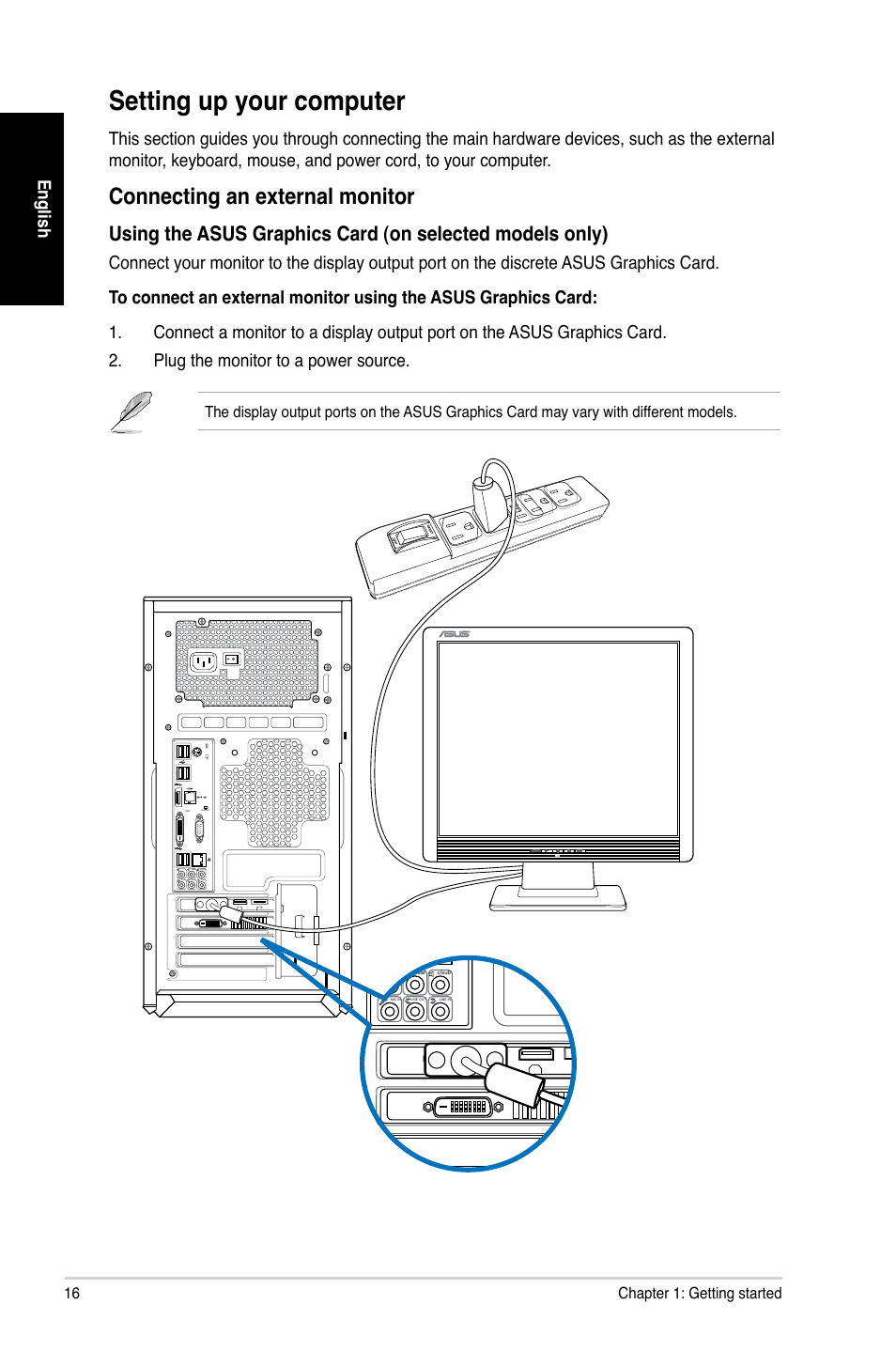 Setting up your computer, Connecting an external monitor, English | Asus CG8480 User Manual | Page 16 / 110